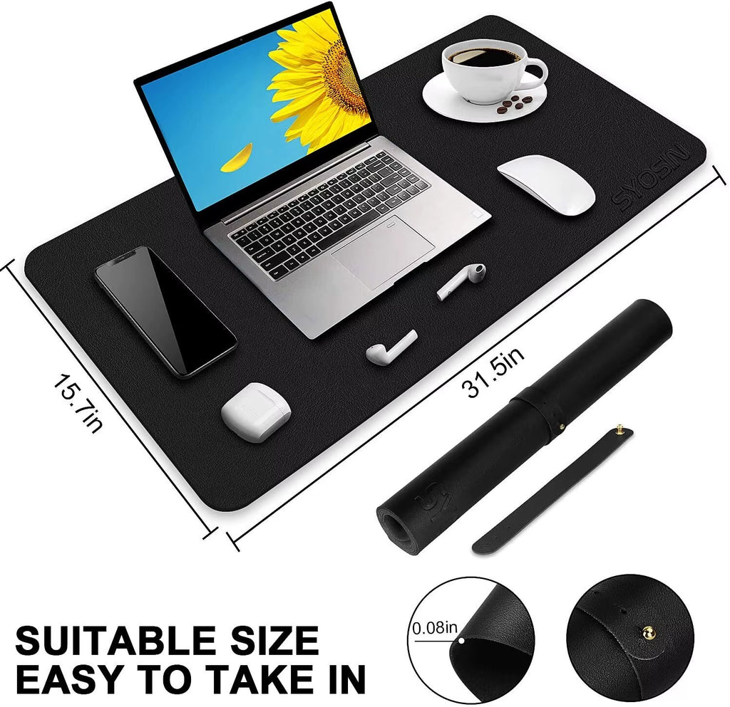 Large Waterproof PU Leather Mouse Pad - 80x40 cm Office Desk Mat and Laptop Protector (Black)