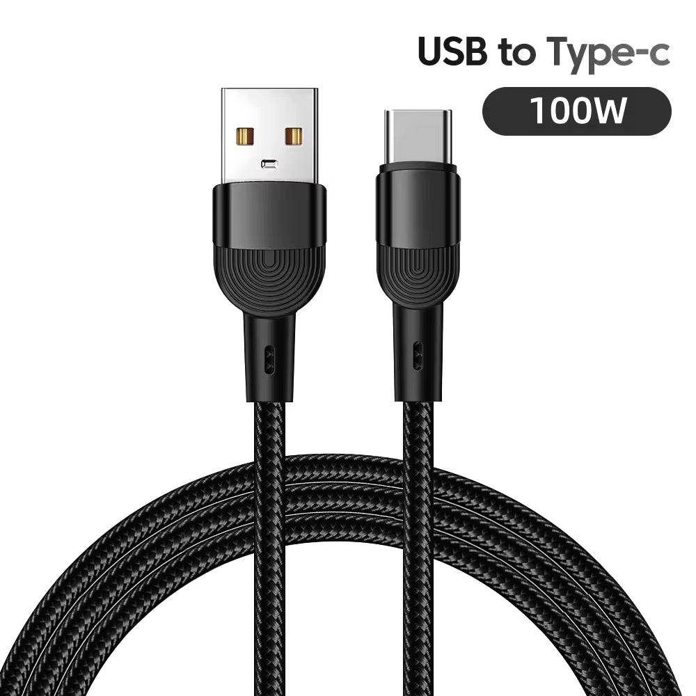 100W Fast Charging USB Type-C Data Cable, Braided for iPhone 15/16, Xiaomi, Huawei, and Samsung