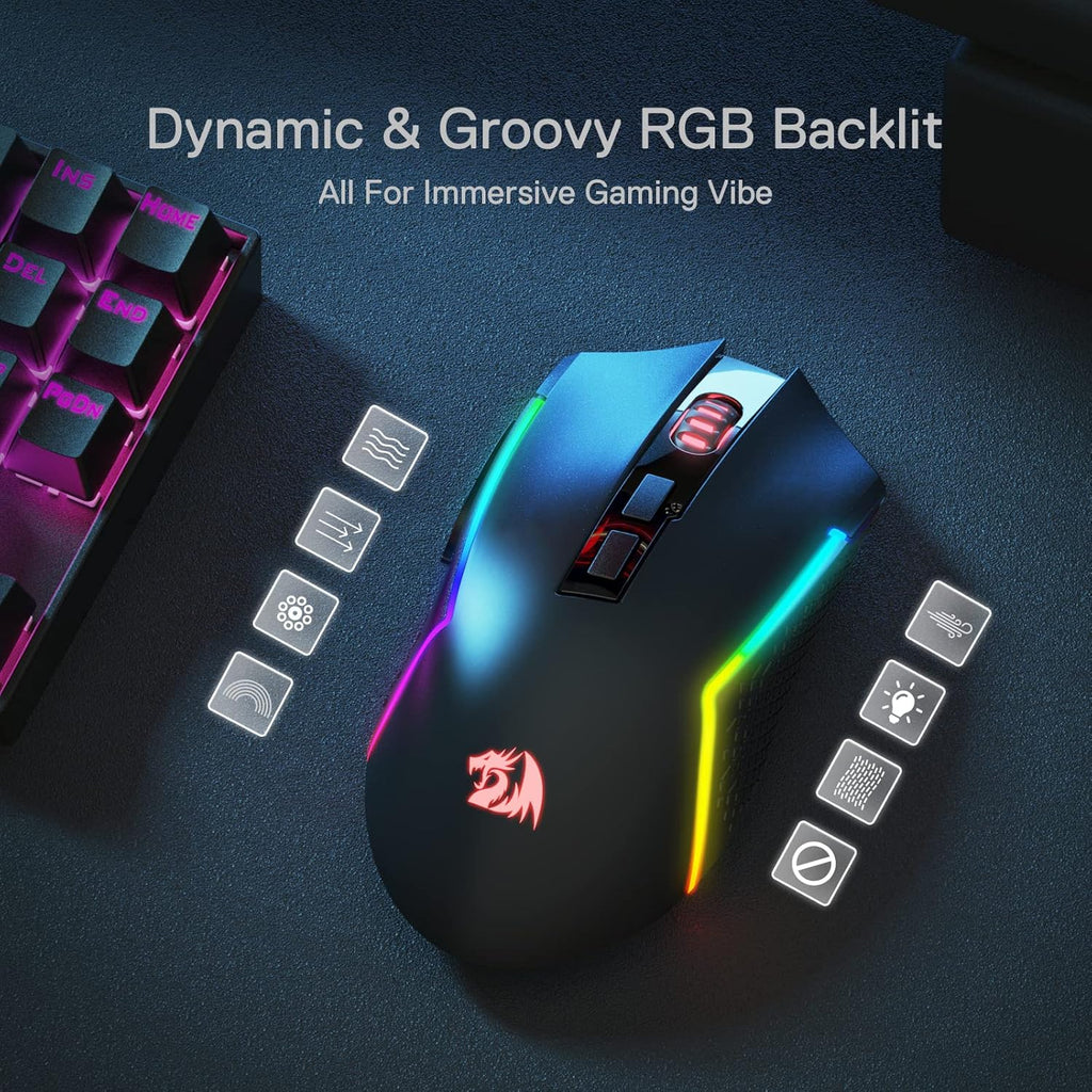 Redragon M693 - Ratón Inalámbrico Para Juegos (8000 Dpi) Con Conexión De 3 Modos, BT E Inalámbrico 2.4G, 7 Botones Macro, Capacidad De Alimentación Duradera Y Retroiluminación RGB Para