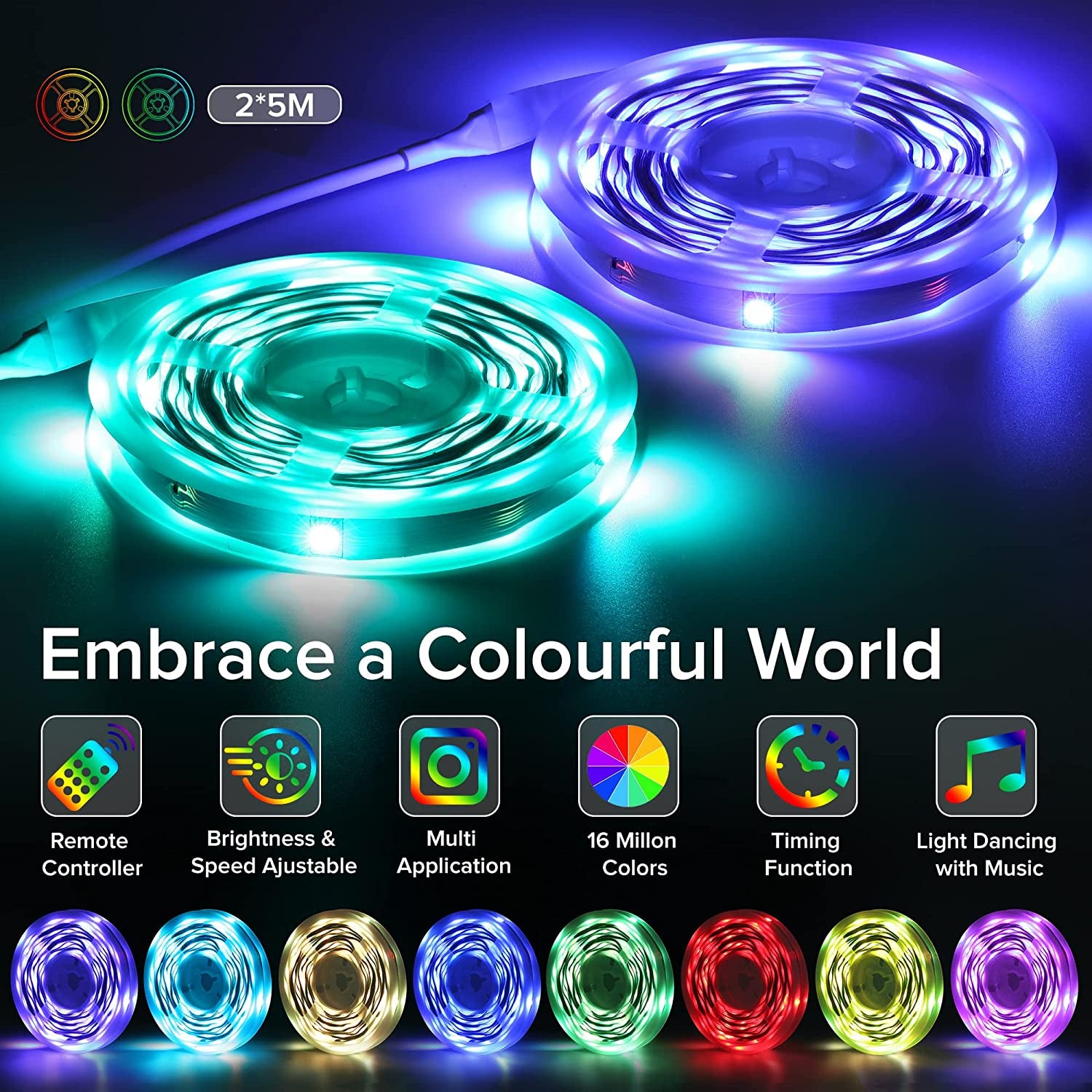 Tiras LED, Luces Habitación 10 Metros, Bonve Pet Tira LED RGB, Bluetooth Musical Con IR Control Remoto 40 Teclas Y APP, 16 Milliones De Colores, Luz Para Decoración TV Cocina Fiesta