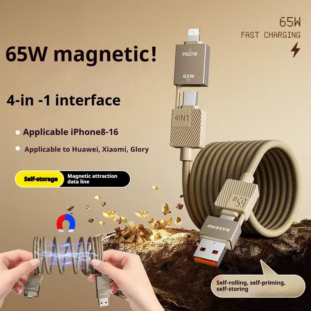 4-in-1 Braided Magnetic Charging Cable - 65W/27W Fast Charging USB-A to Type C, Retractable and Tangle-Free for Apple MacBook 16/15