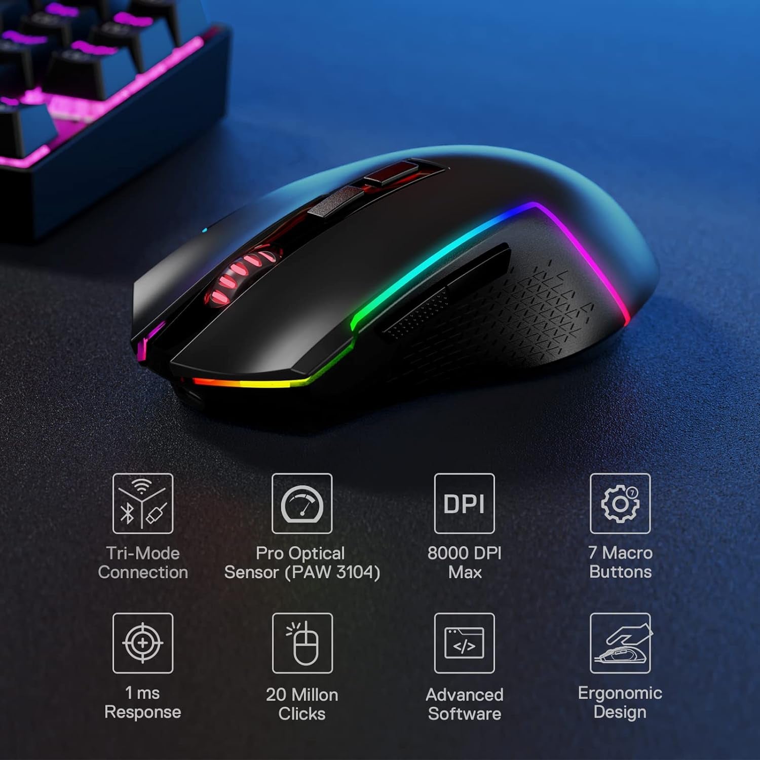 Redragon M693 - Ratón Inalámbrico Para Juegos (8000 Dpi) Con Conexión De 3 Modos, BT E Inalámbrico 2.4G, 7 Botones Macro, Capacidad De Alimentación Duradera Y Retroiluminación RGB Para