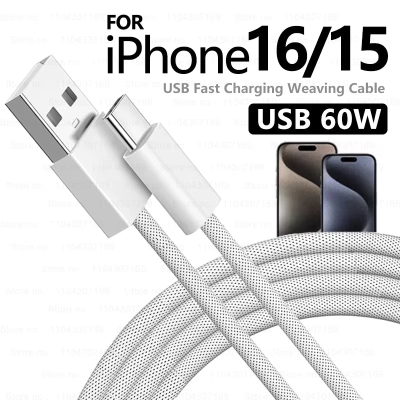 60W USB to USB-C Fast Charging Cable for Apple iPhone 17/16 Pro Max, 15 Plus, Xiaomi, and Samsung Devices