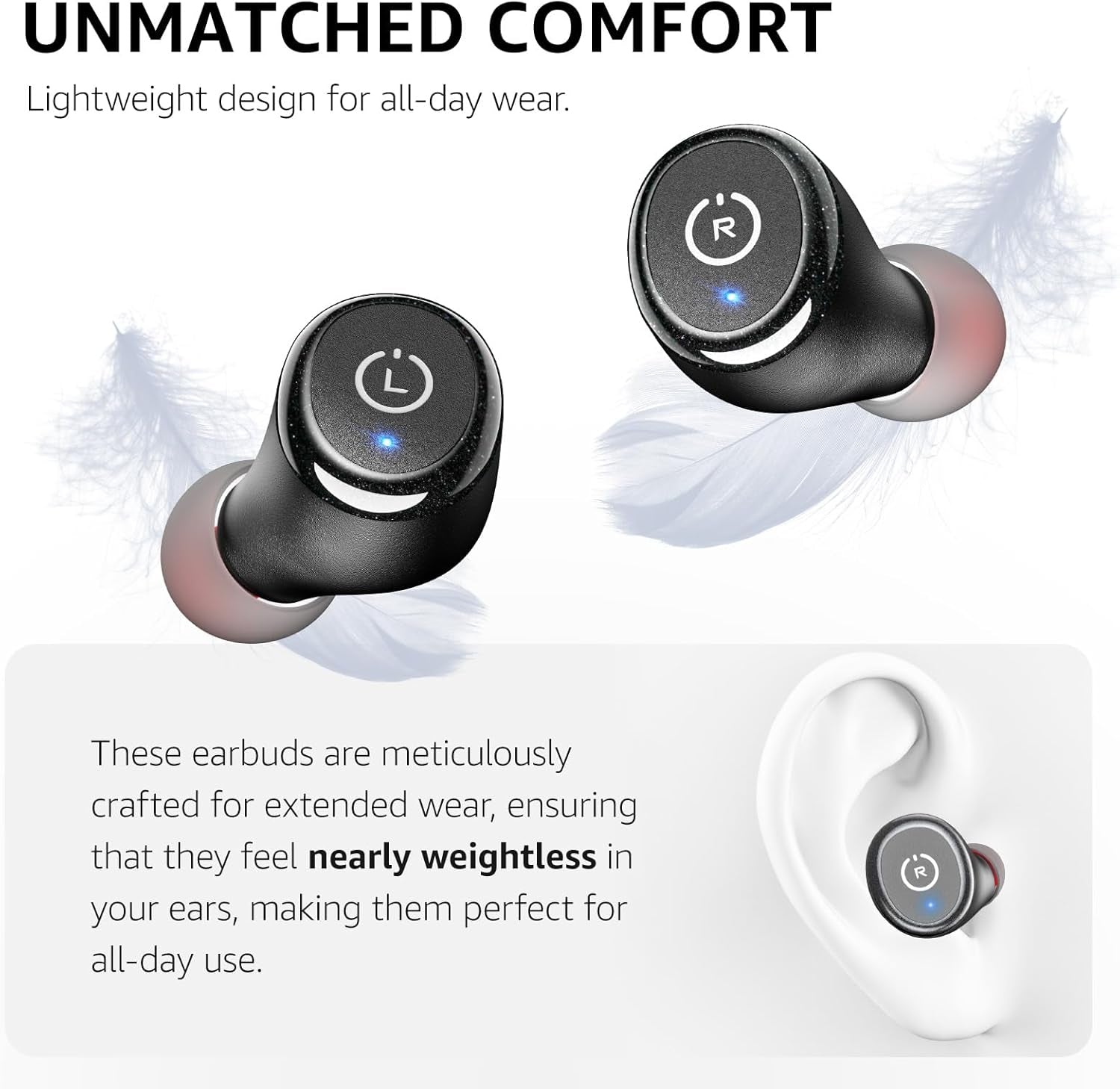 TOZO T10 Auriculares Inalámbricos Bluetooth 5.3 Con Control Táctil ORIGX 2.0 Acústico EQ Ajuste 55H Reproducción Soporta Carga Inalámbrica Y USB Tipo C IPX8 Negro Mate