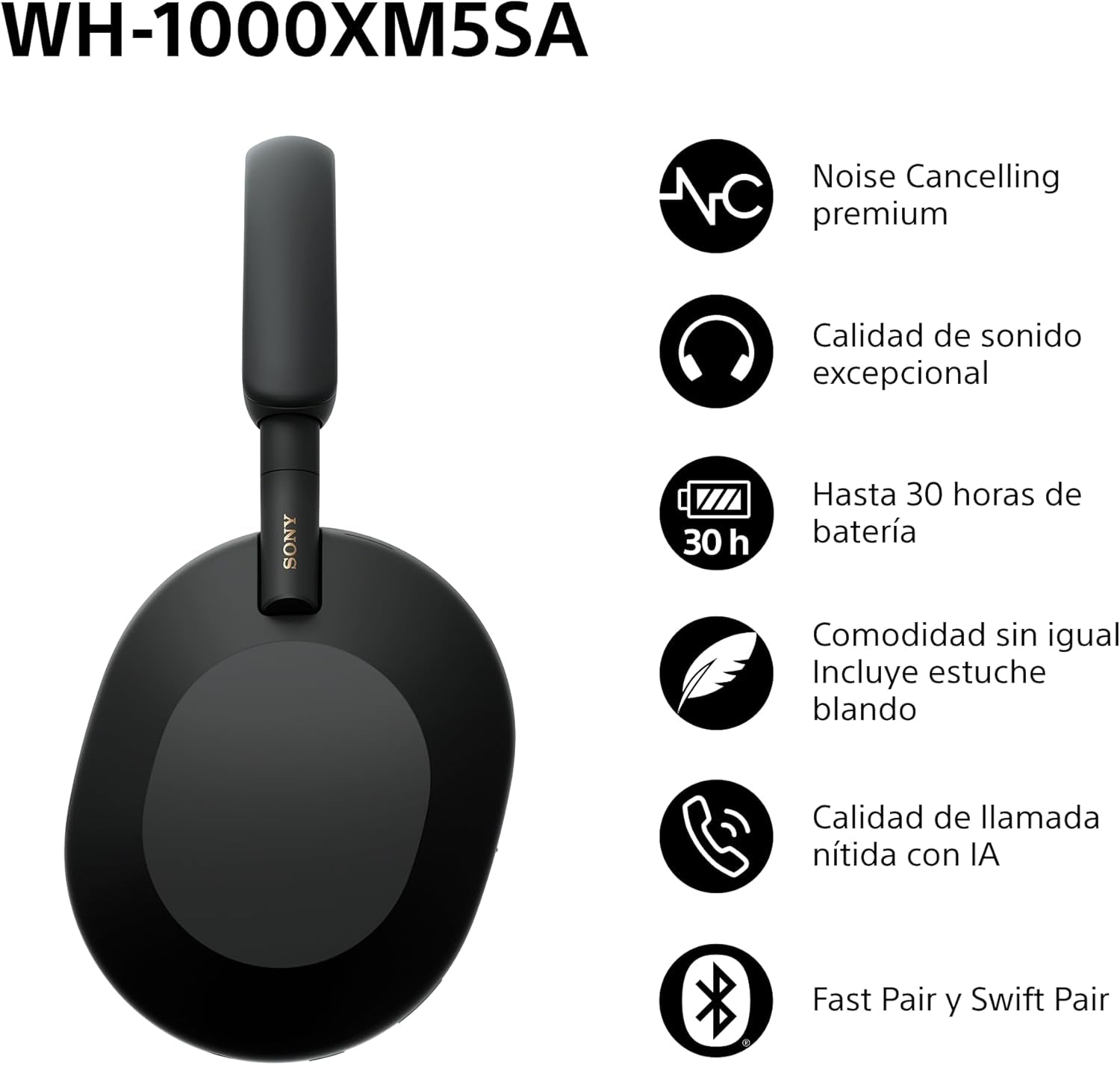 Sony WH-1000XM5SA Edición Especial Con Estuche Blando Auriculares Inalámbricos Premium Y Noise Cancelling, Bluetooth, Llamadas De Calidad, Hi-Res, Hasta 30 H De Batería, Negro