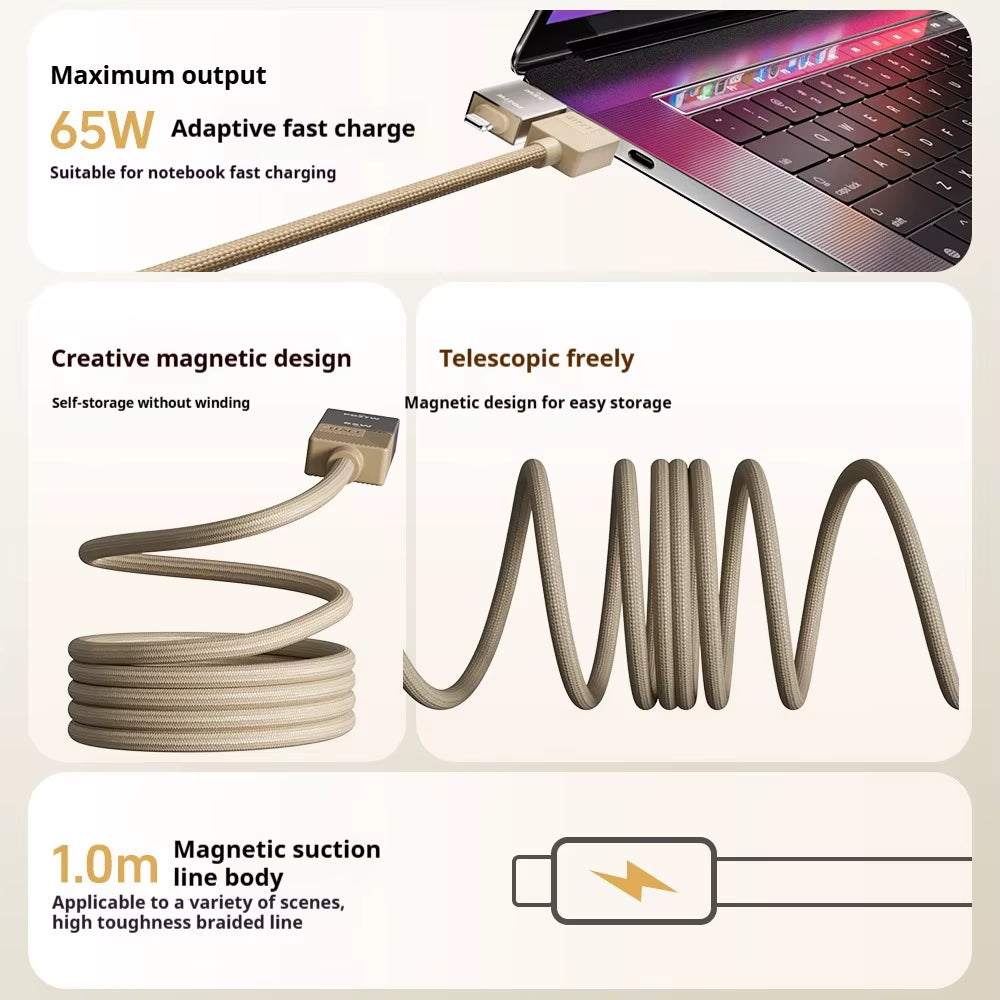 4-in-1 Braided Magnetic Charging Cable - 65W/27W Fast Charging USB-A to Type C, Retractable and Tangle-Free for Apple MacBook 16/15