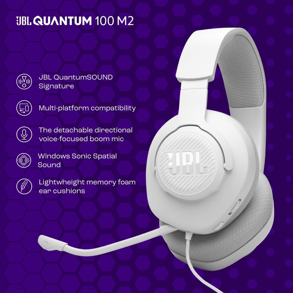JBL Quantum 100M2 Cascos Circumaurales Para Gaming, JBL Quantumsound Signature, Cable De Audio De 3.5 Mm, Compatibles Con Múltiples Plataformas, Micrófono Desmontable, Función De Silencio, Blanco