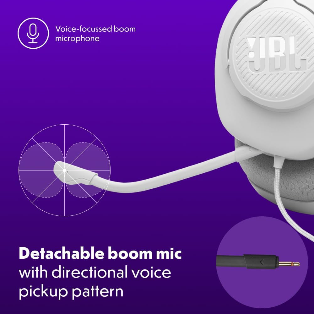 JBL Quantum 100M2 Cascos Circumaurales Para Gaming, JBL Quantumsound Signature, Cable De Audio De 3.5 Mm, Compatibles Con Múltiples Plataformas, Micrófono Desmontable, Función De Silencio, Blanco