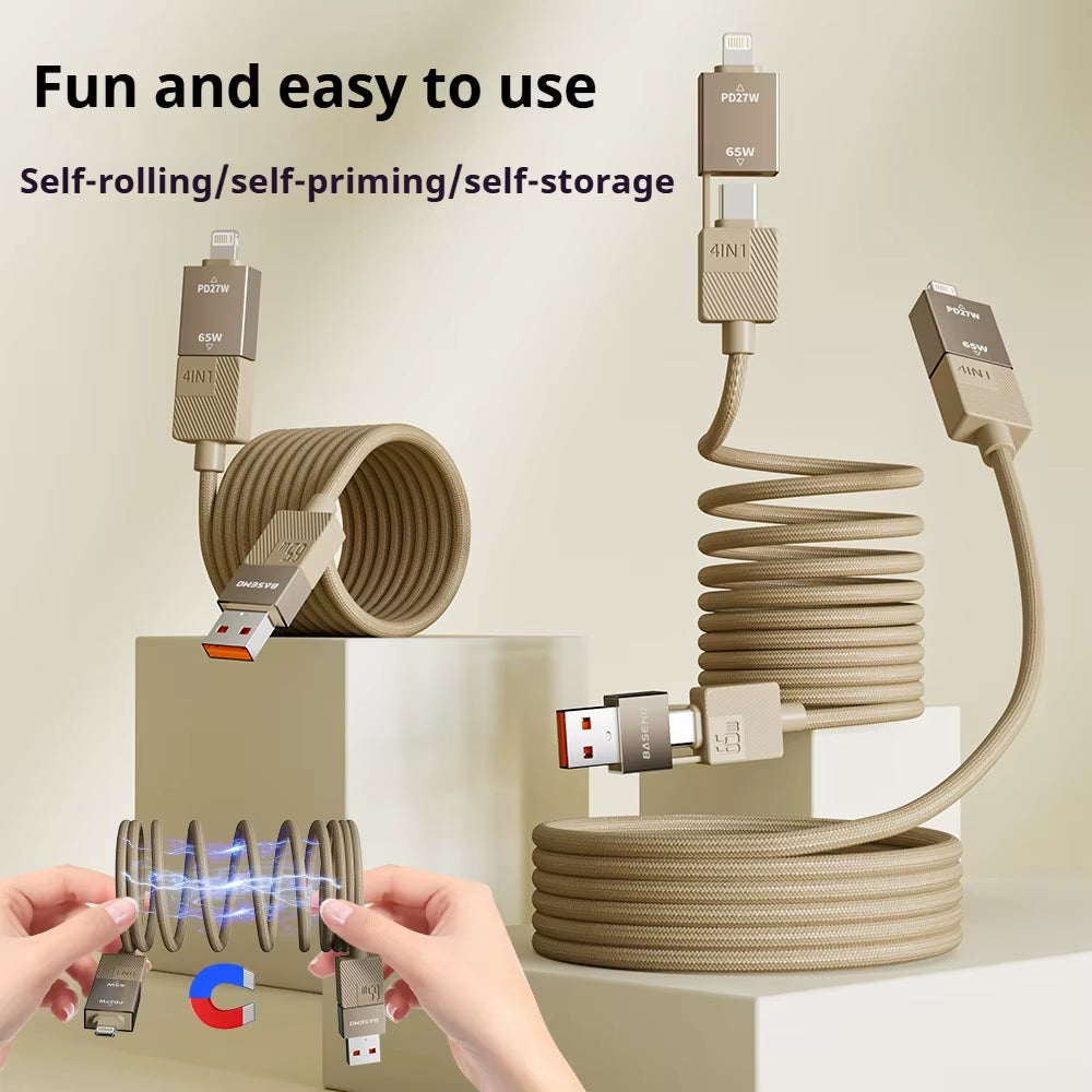 4-in-1 Braided Magnetic Charging Cable - 65W/27W Fast Charging USB-A to Type C, Retractable and Tangle-Free for Apple MacBook 16/15