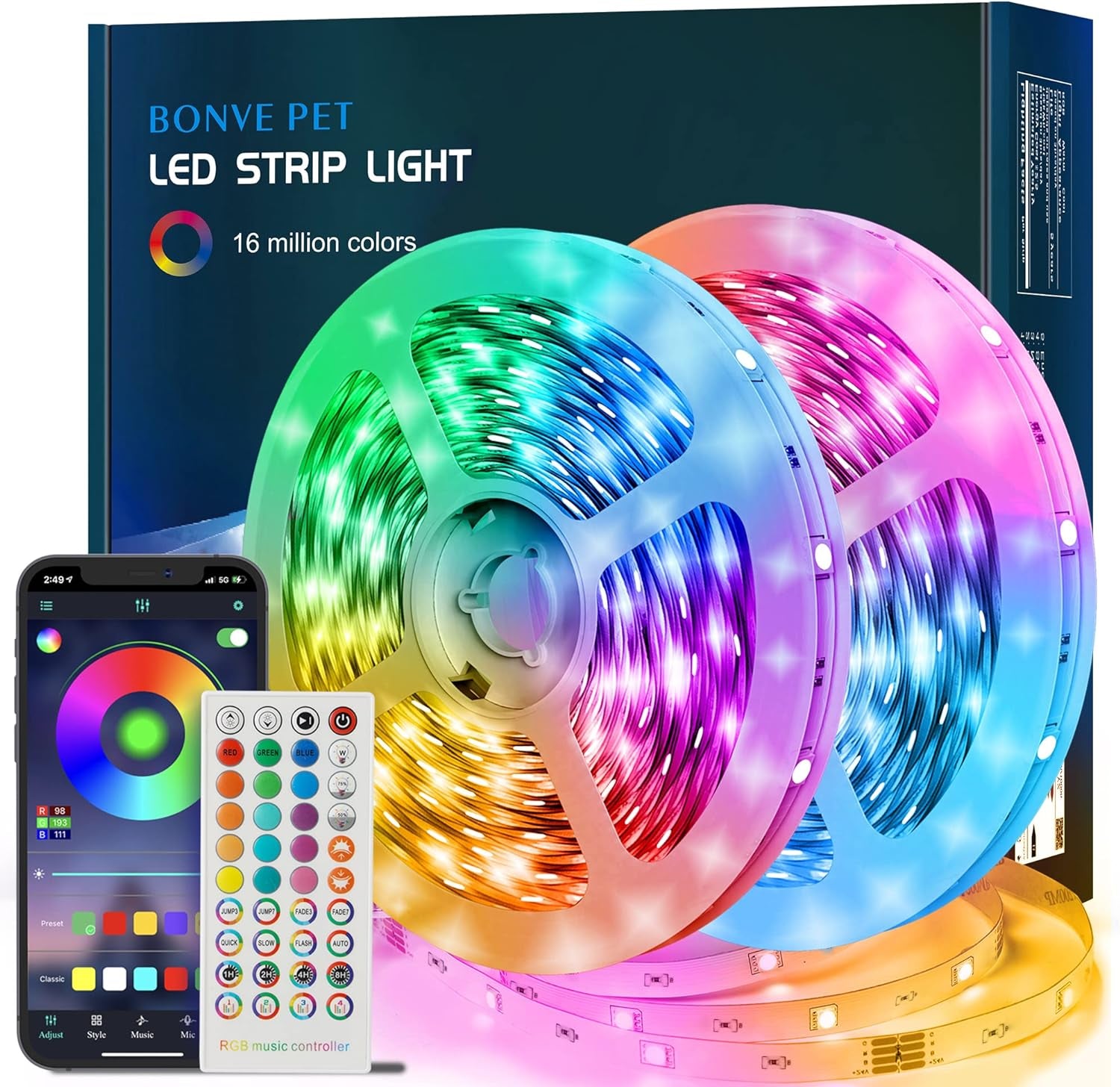 Tiras LED, Luces Habitación 10 Metros, Bonve Pet Tira LED RGB, Bluetooth Musical Con IR Control Remoto 40 Teclas Y APP, 16 Milliones De Colores, Luz Para Decoración TV Cocina Fiesta