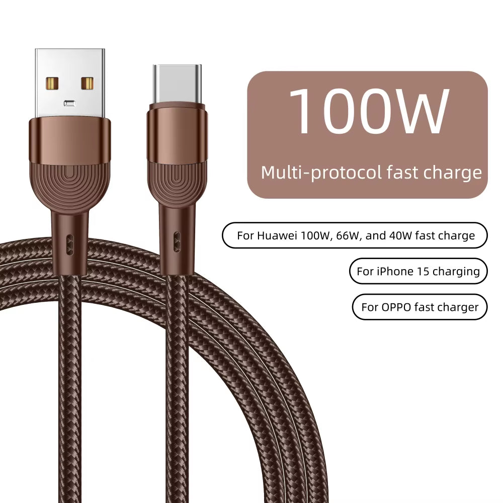 100W Fast Charging USB Type-C Data Cable, Braided for iPhone 15/16, Xiaomi, Huawei, and Samsung