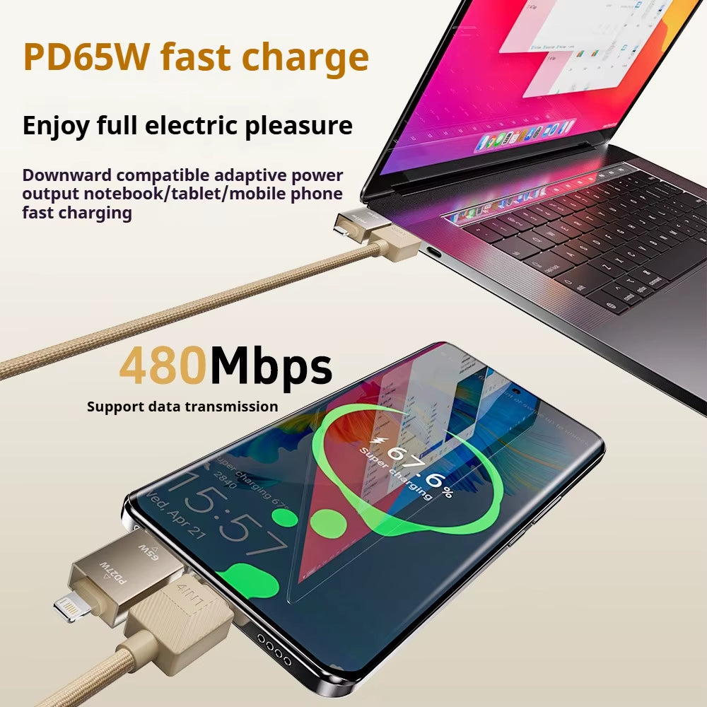 4-in-1 Braided Magnetic Charging Cable - 65W/27W Fast Charging USB-A to Type C, Retractable and Tangle-Free for Apple MacBook 16/15