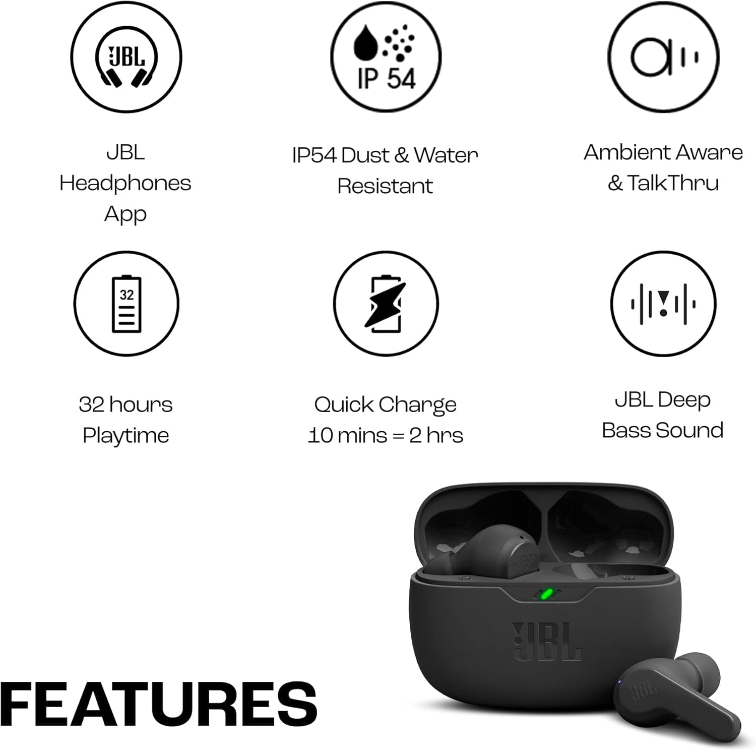 JBL Wave Beam, Auriculares Inalámbricos In-Ear, IP54 E IPX2, Manos Libres Y 32 Horas De Duración De La Batería, En Negro