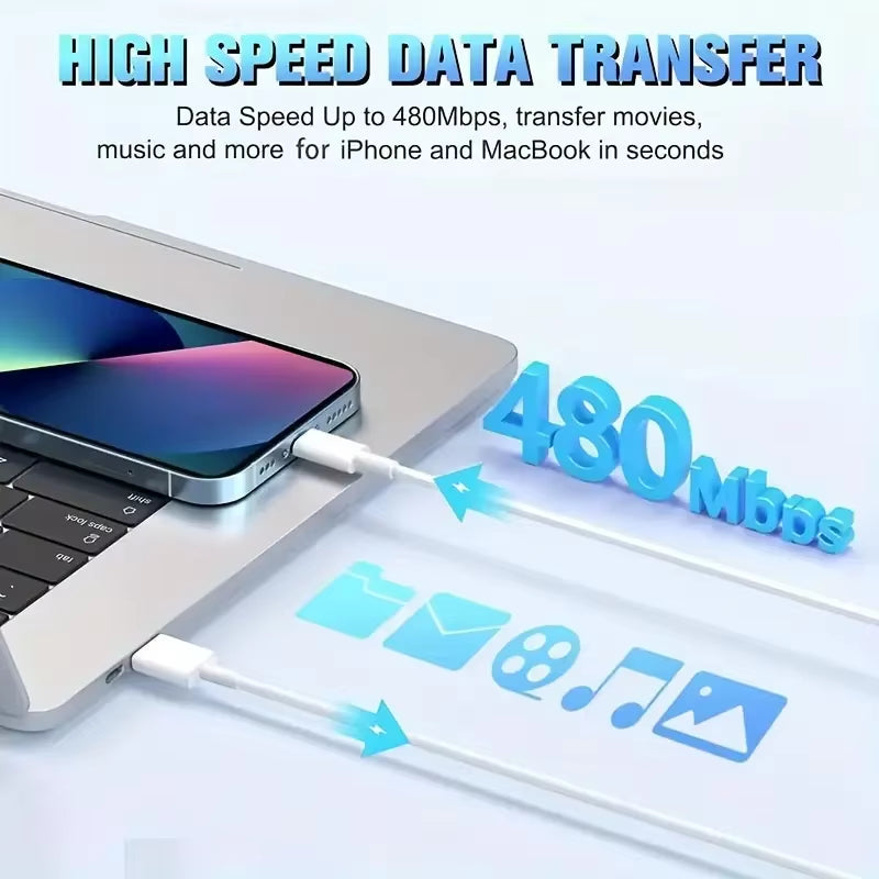 MFi Certified USB to Lightning TPE Fast Charging Cable for iPhone 14/13/12/11 Pro/X/8 and iPad - Available in 1M, 2M, and 3M (3PCS/5PCS) - White