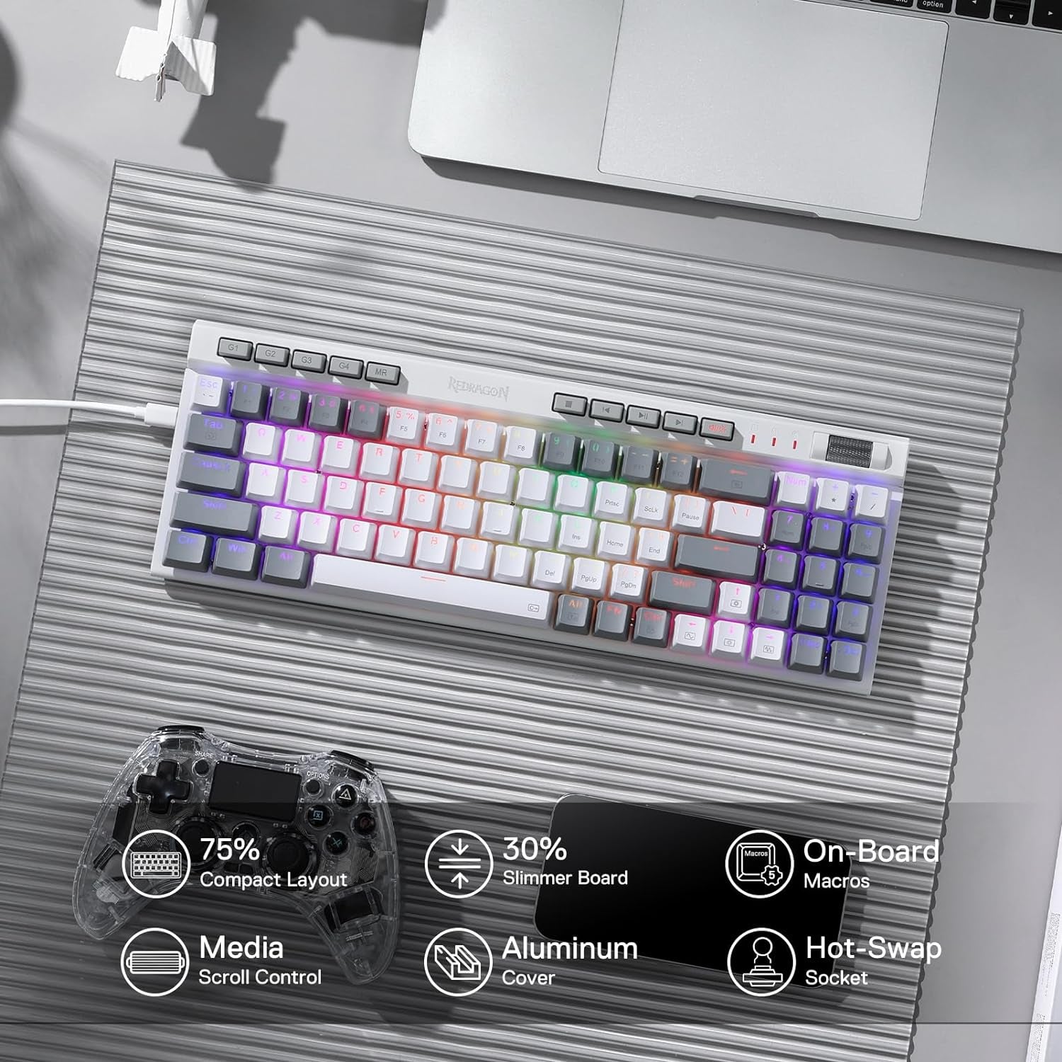 Redragon Teclado Mecánico K655 75% RGB Con Cable, Teclado Mecánico De Intercambio En Caliente De 78 Teclas Con Tablero De Cubierta De Aluminio, Mejorado Y Teclas Macro/Multimedia Integradas, US LAYOUT