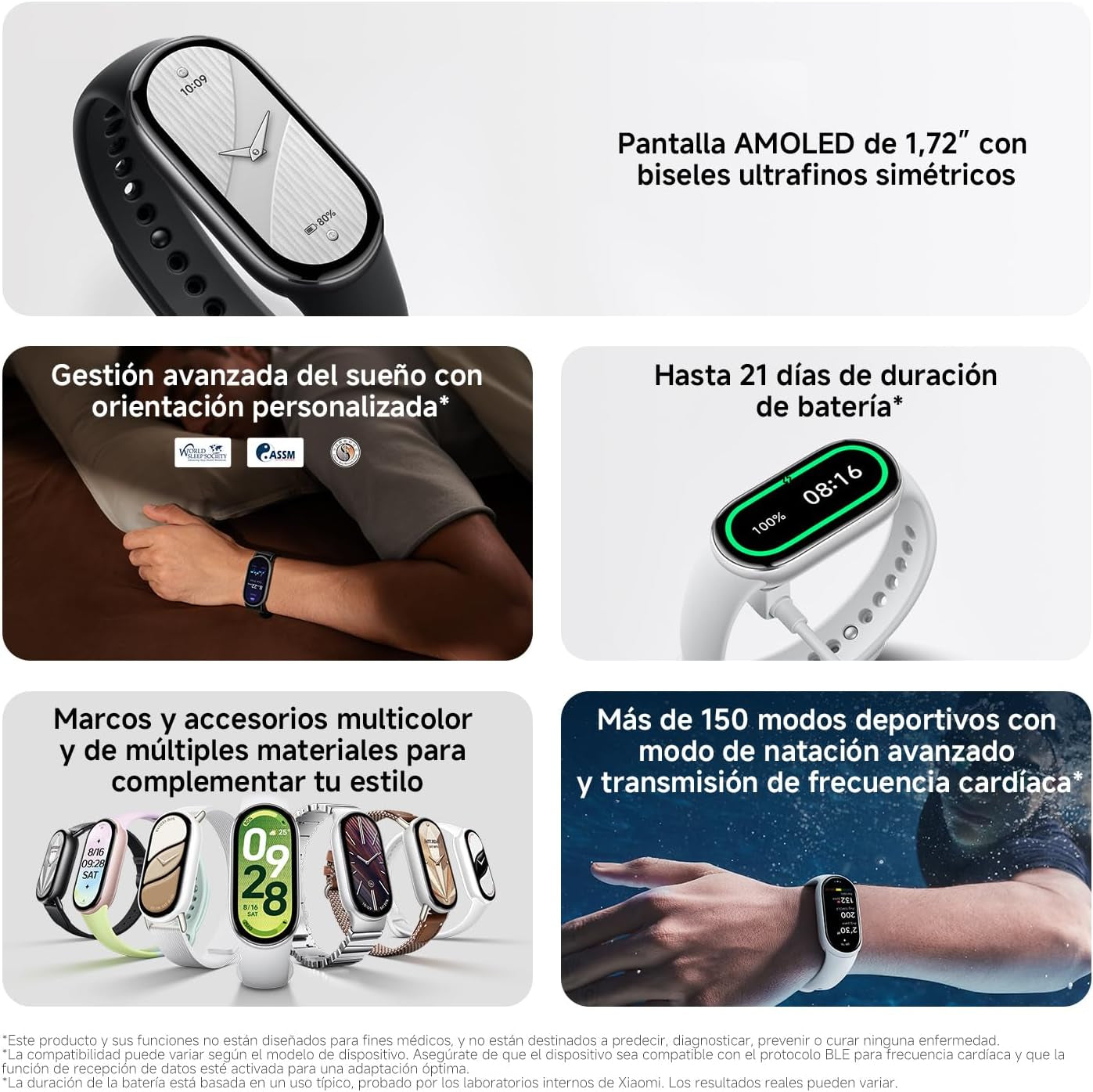 Xiaomi Smartband 10, Pantalla AMOLED De 1,72”, Carga Rápida, 150+ Modos Deportivos, Monitorización De Salud Y Sueño, Hyperos 2.0, Impermeable 5ATM, Brújula